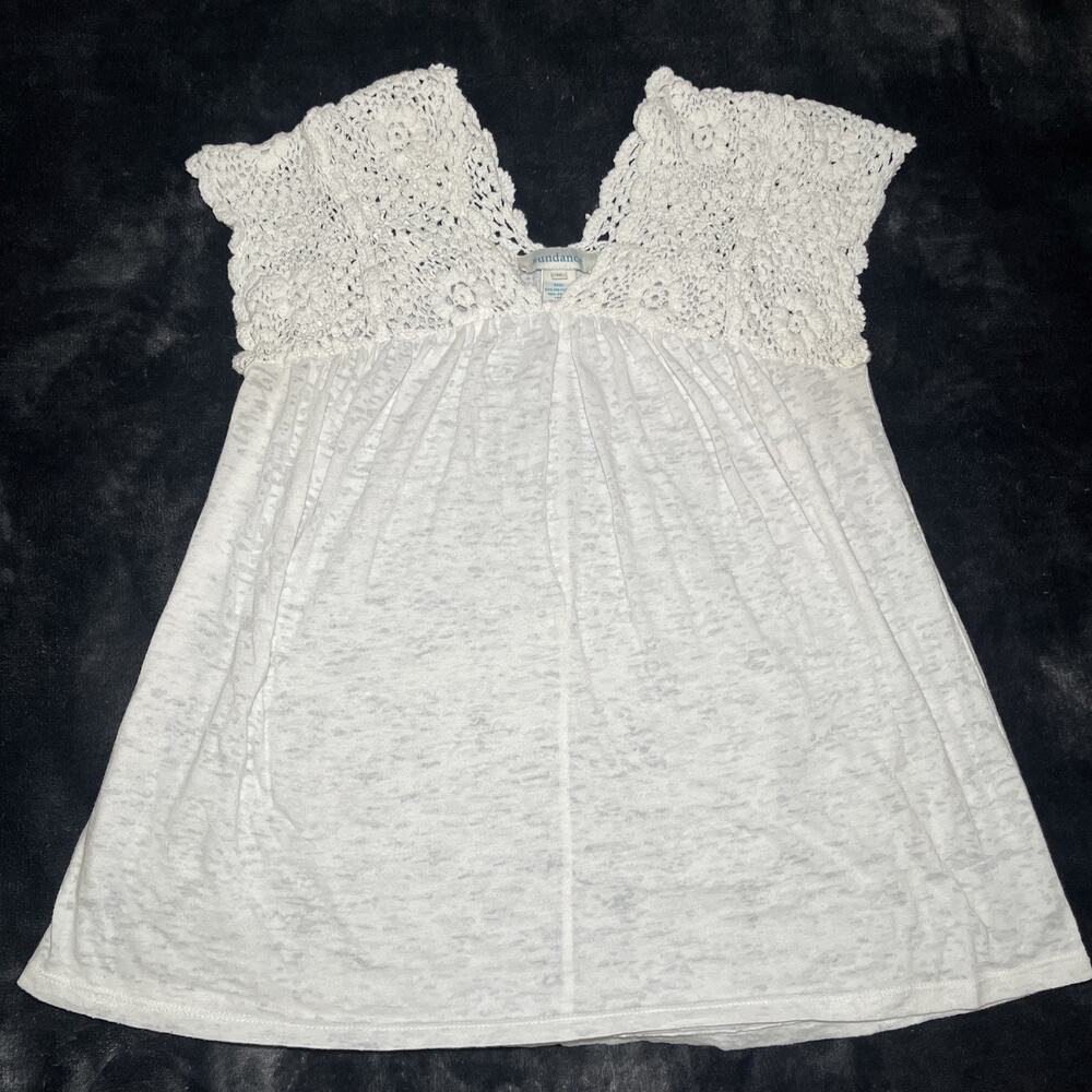 Sundance Top Womens M White Sleeveless Tank Crochet Relaxed Embroidered Stretch